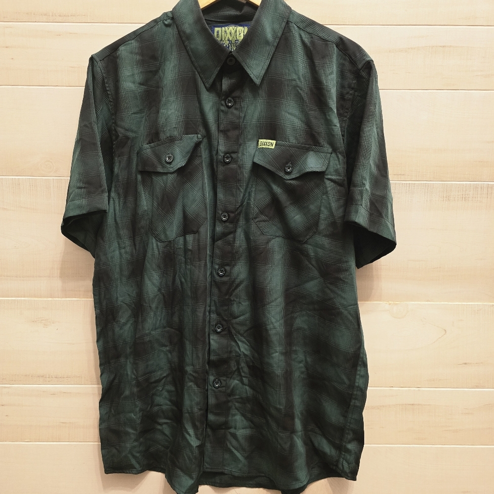 {L} Dixxon Absinthe Flannel Green Black Bamboo Short Sleeve Shirt Mens